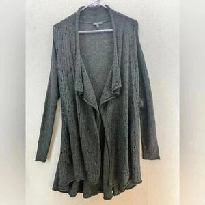 Eileen Fisher Cardigan petite, long length, open front, dark grey open stitch
